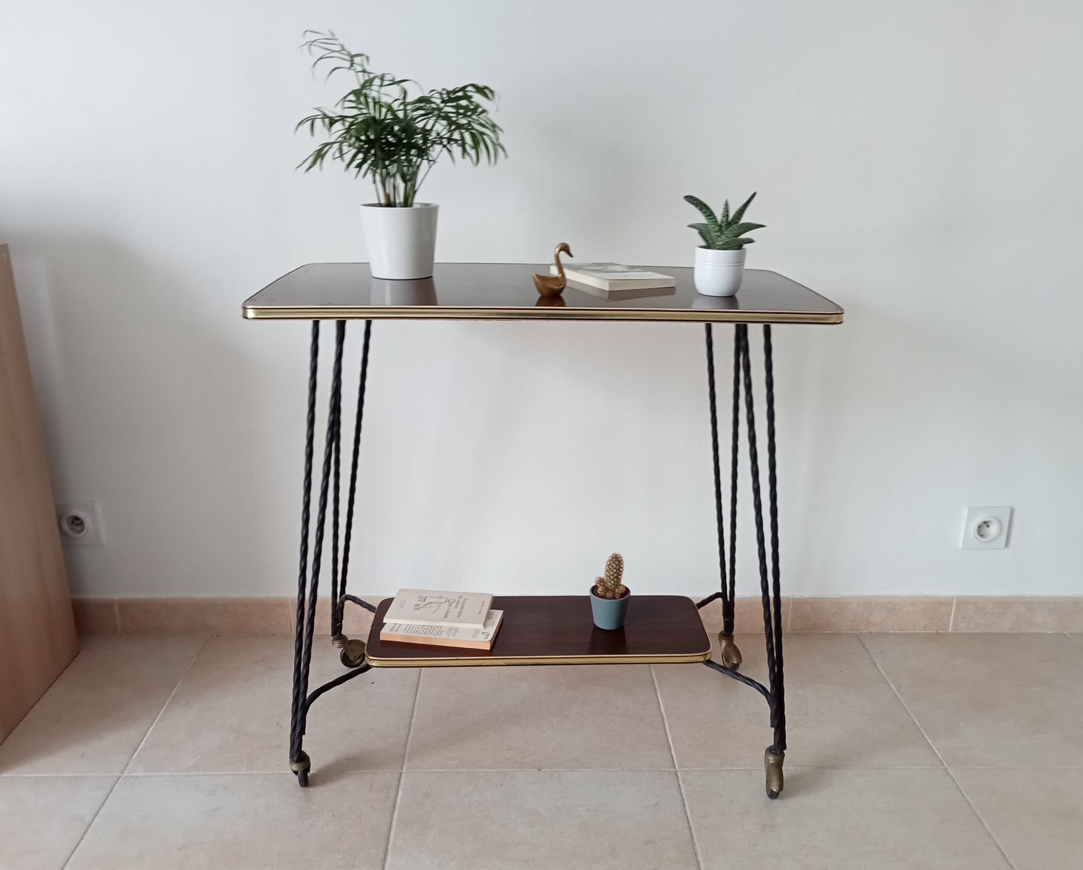 Vintage Formica and wrought iron rolling dessert trolley/side table.