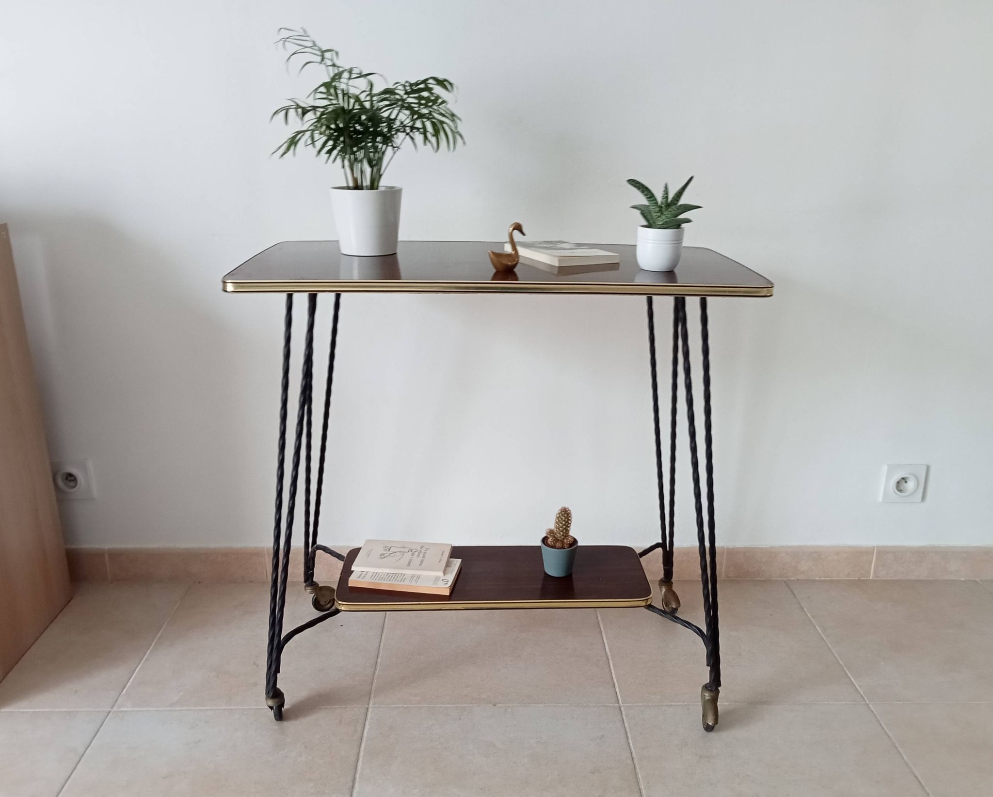 Vintage Formica and wrought iron rolling dessert trolley/side table.