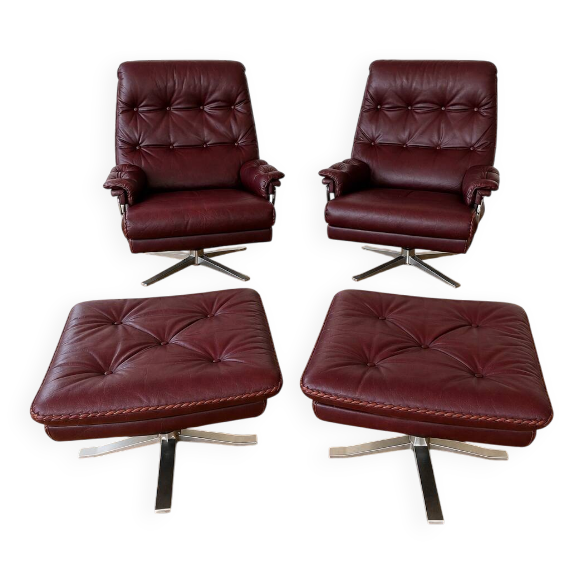 Vintage Swedish Arne Norell lounge chairs and matching stools 1970s