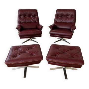 Vintage Swedish Arne Norell lounge chairs and matching stools 1970s