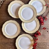Set of 6 vintage white dinner plates with yellow and gold trim.