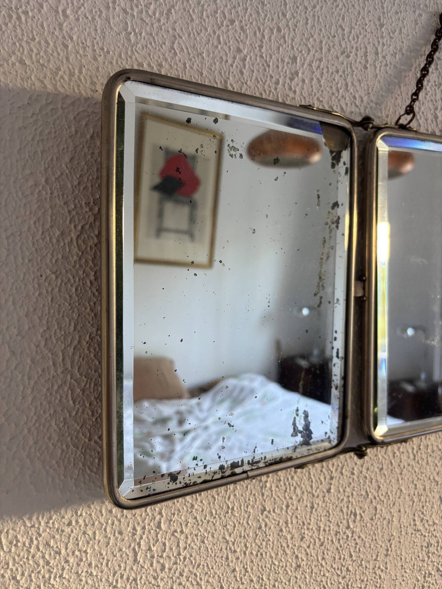 Vintage 1950 triptych mirror barber beveled crystal hairdresser - 25 x 59 cm