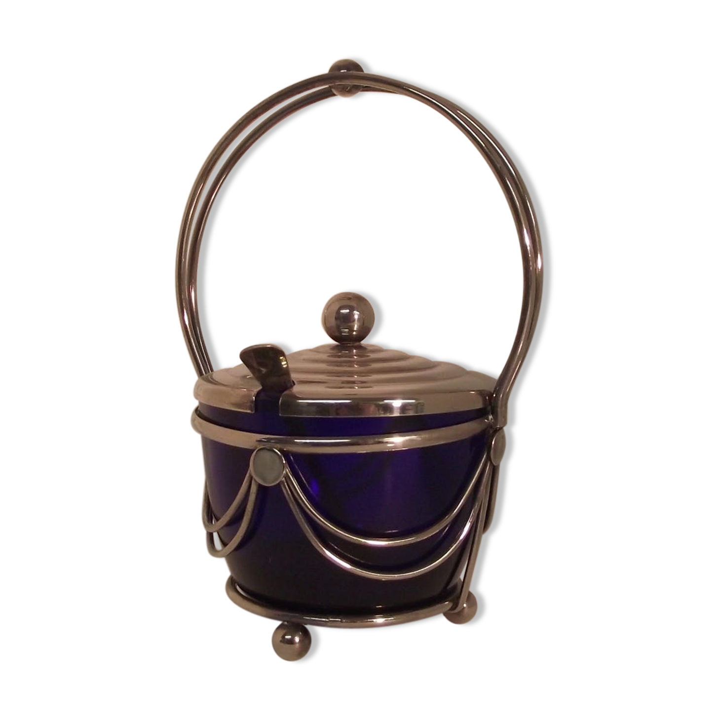 Art deco silver and blue glass sugar.