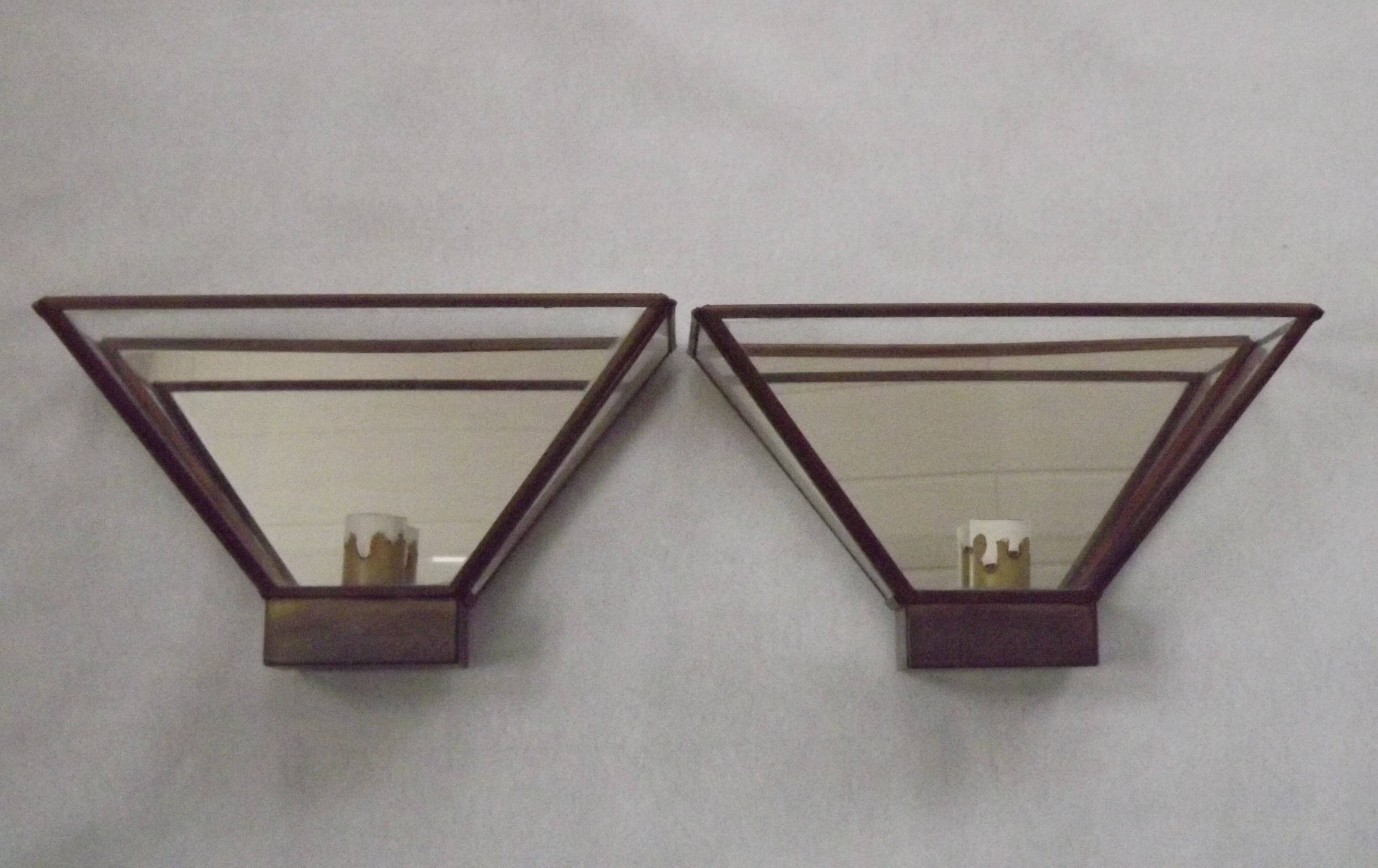 Matching Pair French Mid Century Copper & Glass Single Mirrored Wall Lights 5138