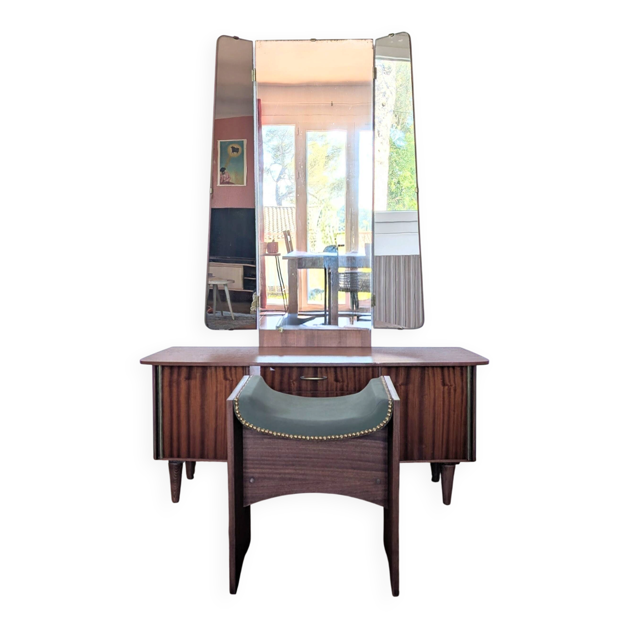 Vintage 70s dressing table with triptych mirror and matching bench.