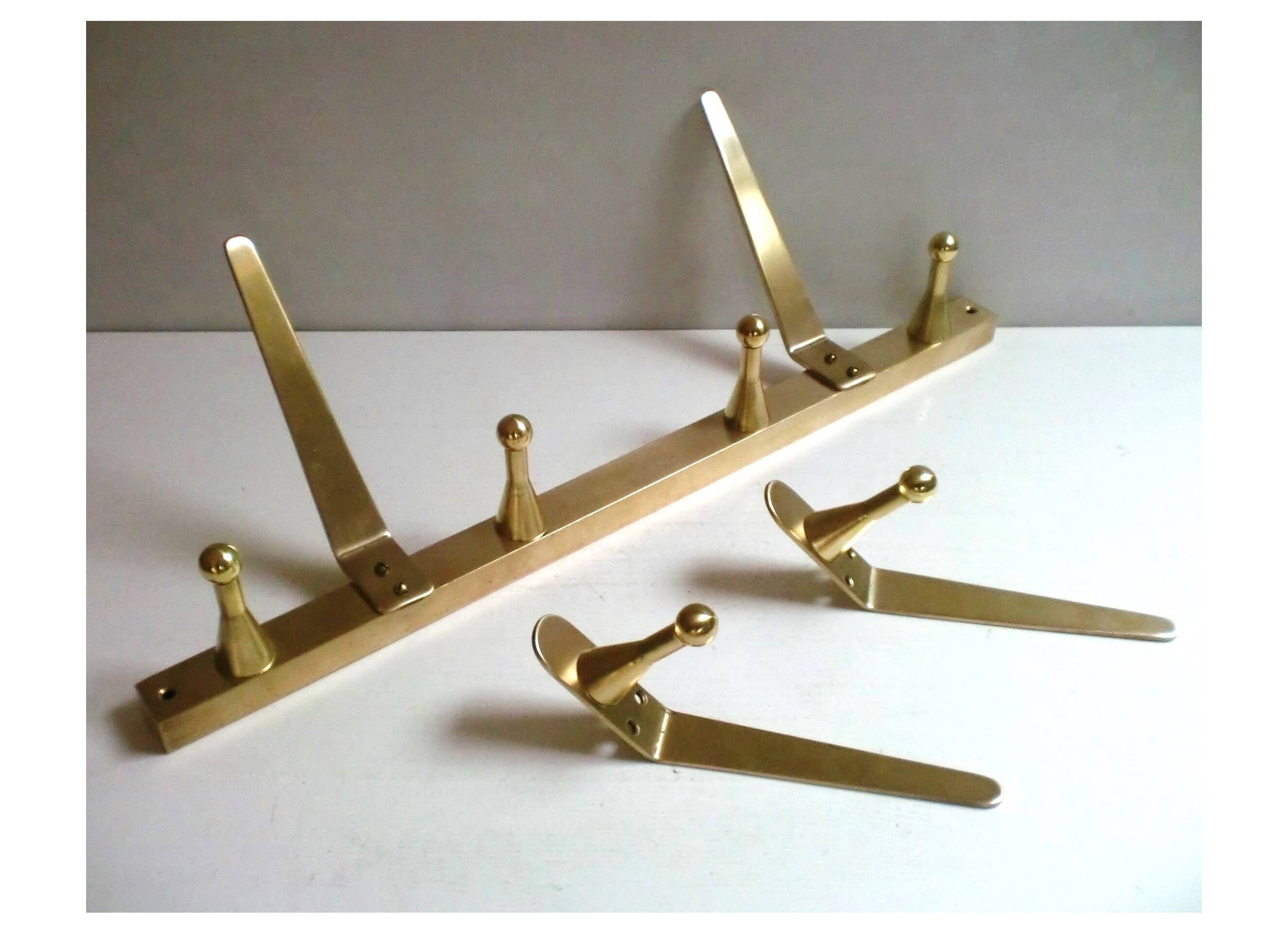 Original WHW Workshop HAGENAUER Vienna, Brass Wall Coat Rack + 2 Hooks