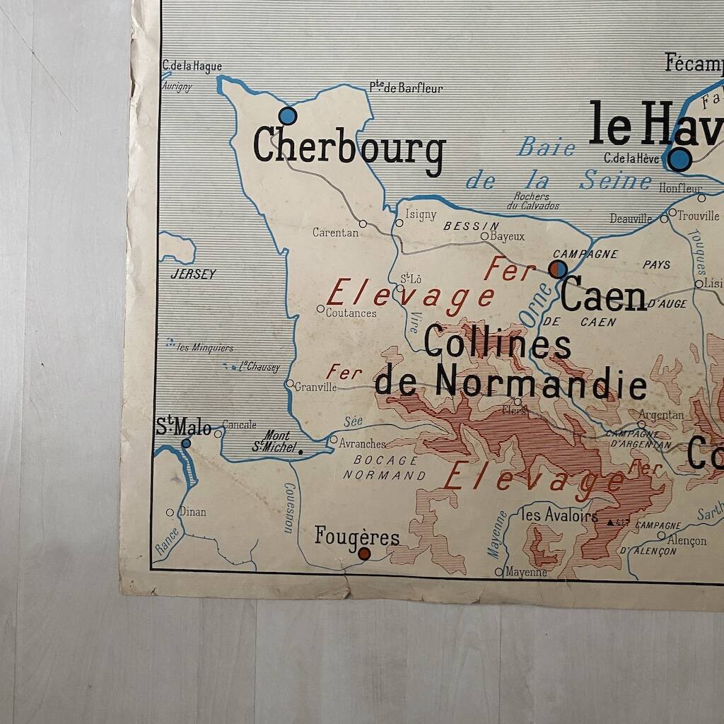 Vintage school map 1950 double-sided "Brittany and Normandy"