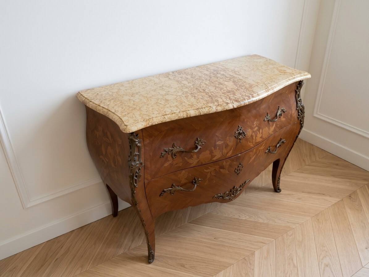Curved Louis XV style commode in marquetry and marble.