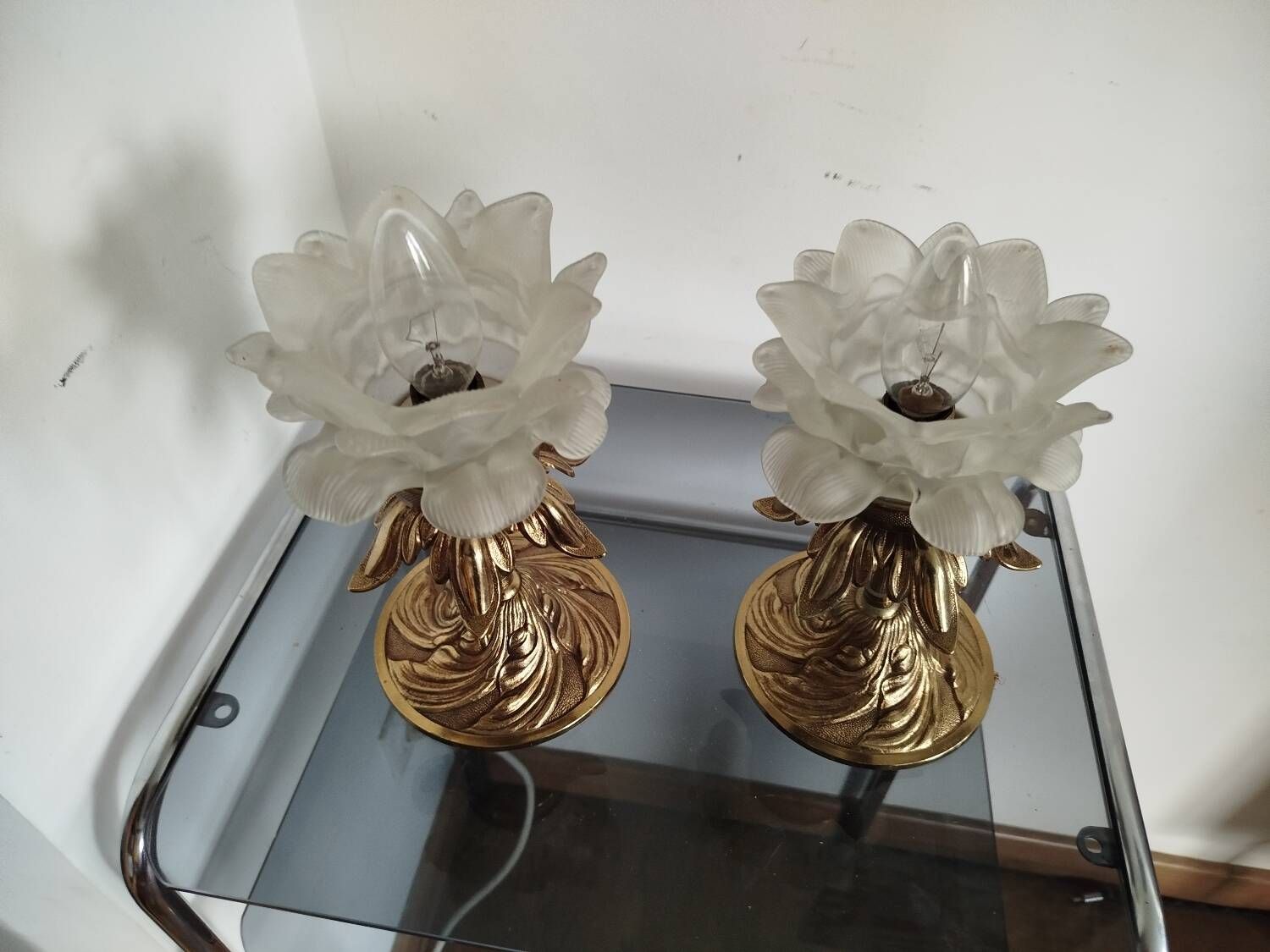 Pair of vintage floral wall lights or small pendant lights – glass deposition