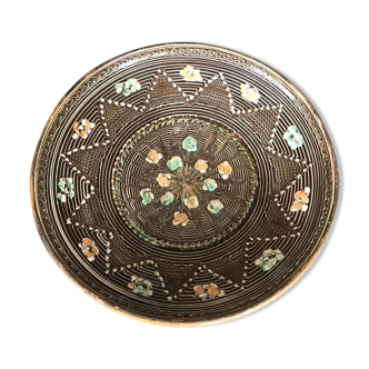 Plat creux en terre cuite vintage décor de peinture polychrome main 27 cm