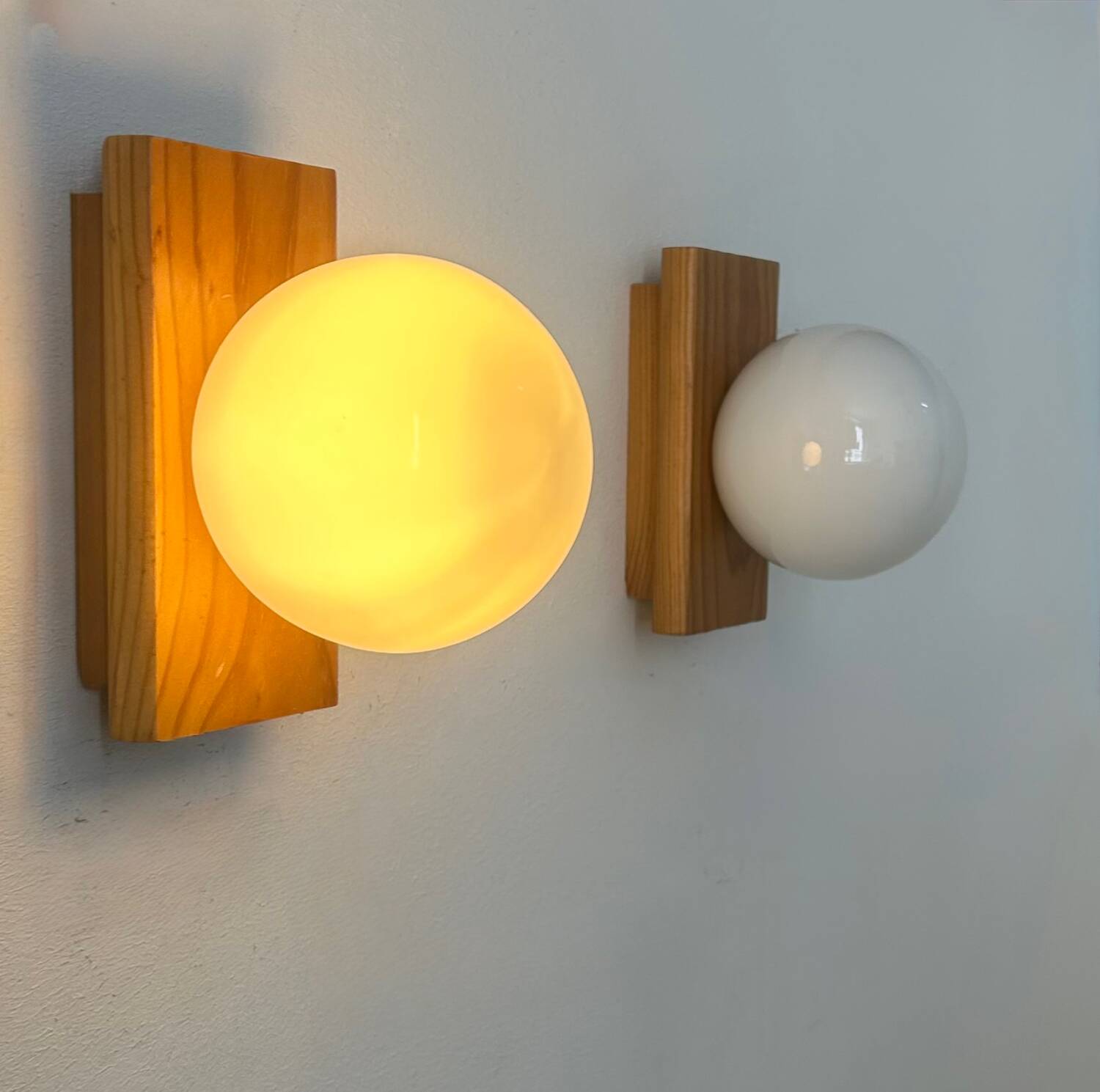 Pair of vintage wall lights, pine and opaline, France 1970