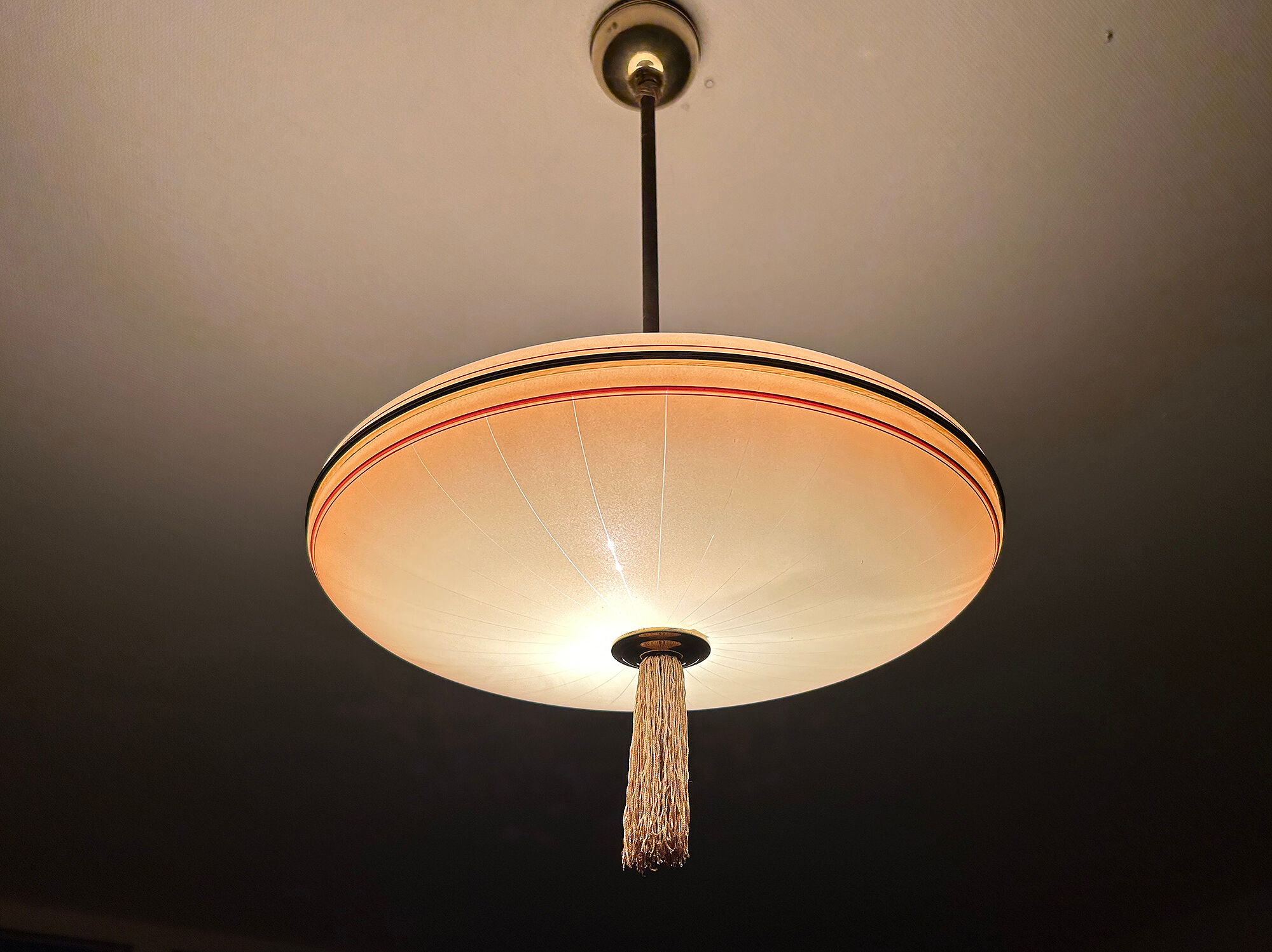 Vintage art deco pendant lamp, gradient glass, red beige, brass, 30 years