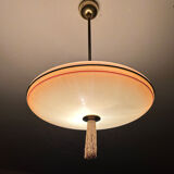 Vintage art deco pendant lamp, gradient glass, red beige, brass, 30 years