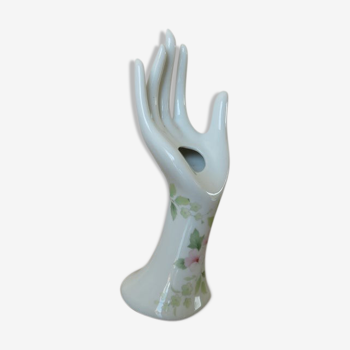Main baguier soliflore en porcelaine blanche motif floral années 60 70