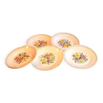 5 ironstone plates - colorful floral patterns, approx. 23cm in diameter.