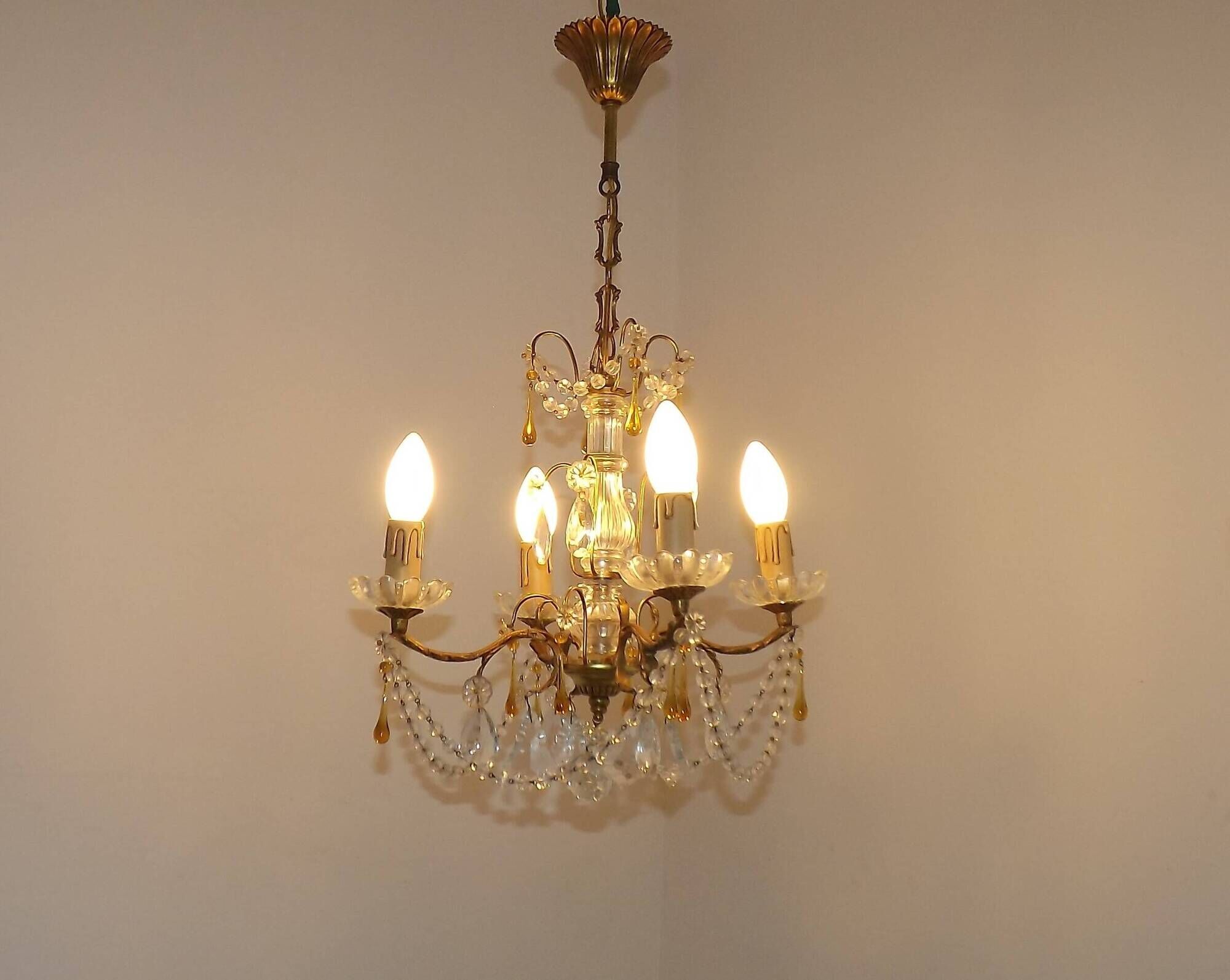Vintage 4-Light Bronze, Glass & Crystal Chandelier with Amber Glass Drops