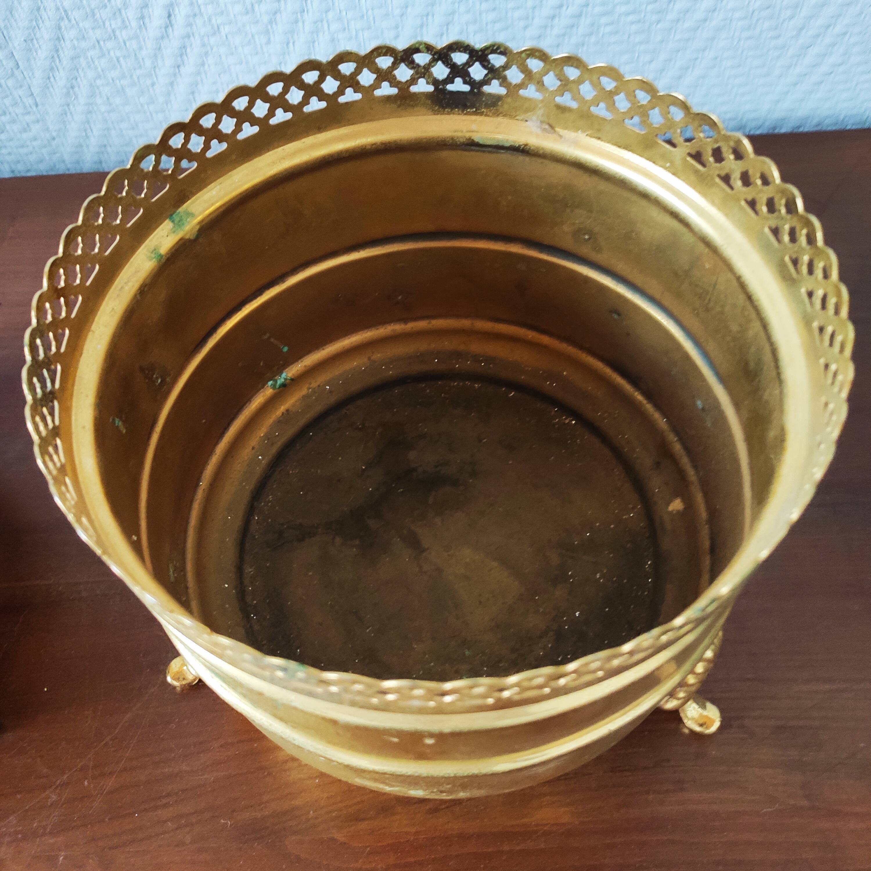 Pair of vintage brass planters with openwork gallery cache-pot.