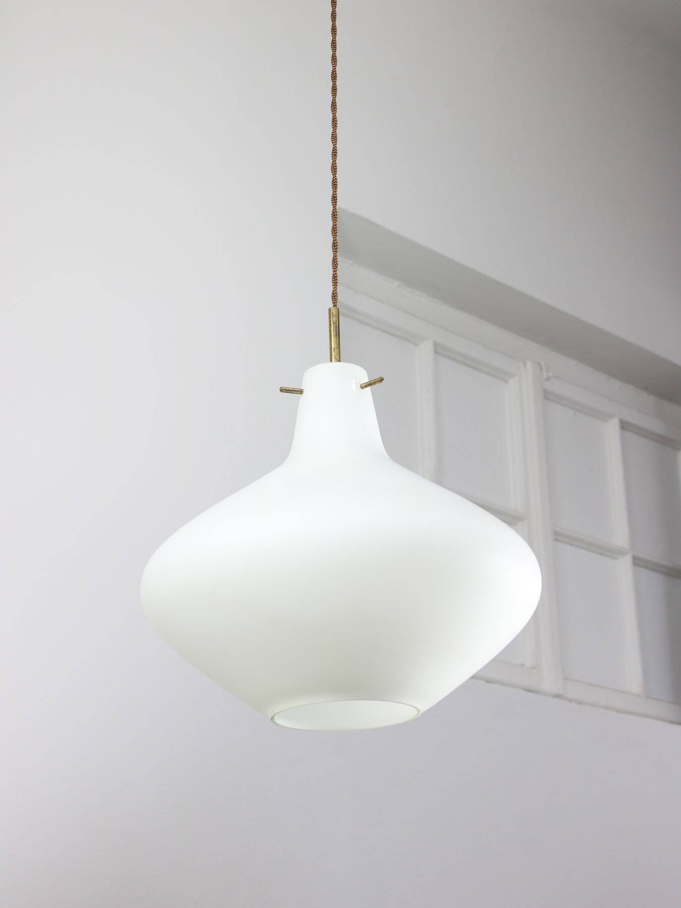 Mid-Century Italian Brass and Opaline Glass Pendant Lamp