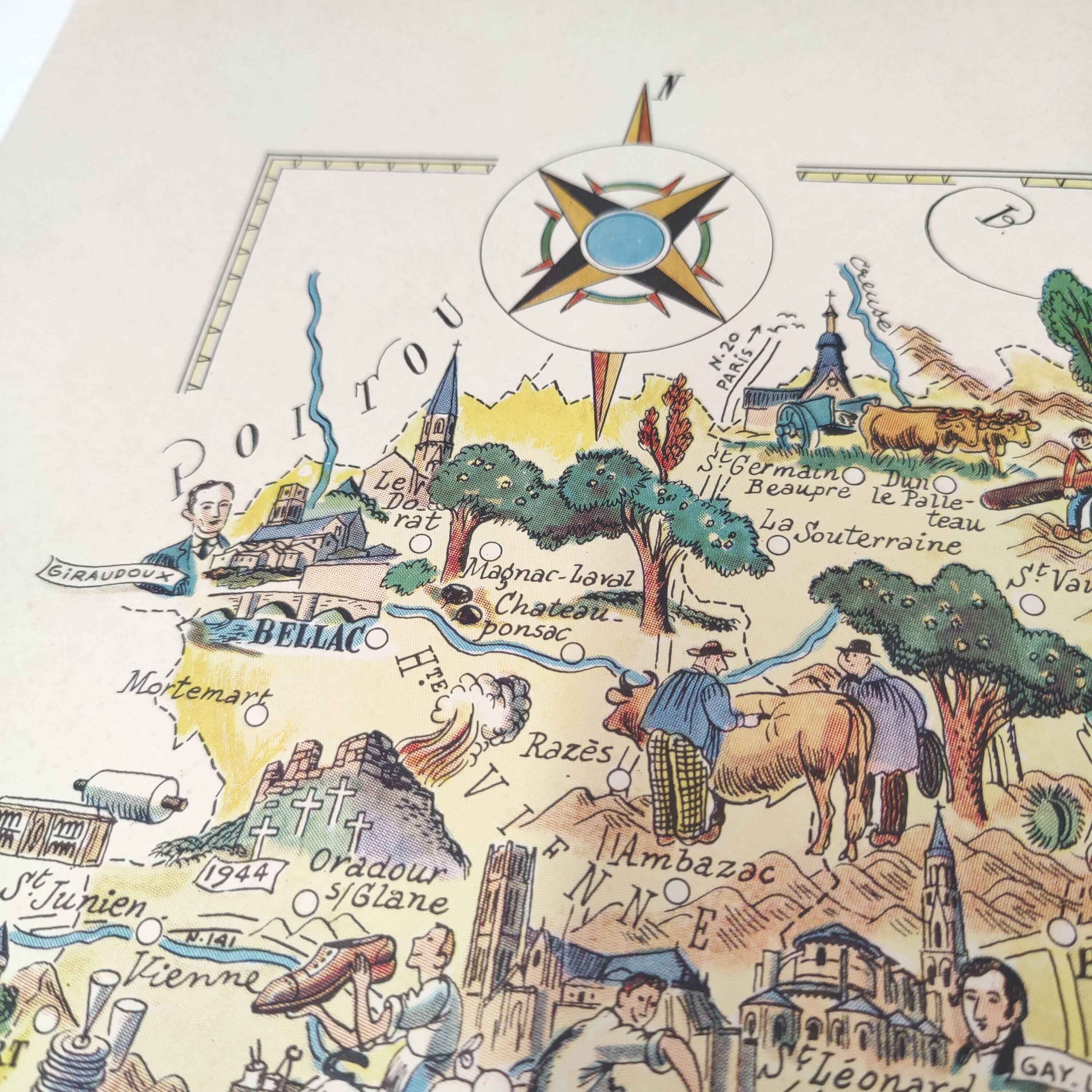 Old Limousin map illustrated Jacques Liozu 1951