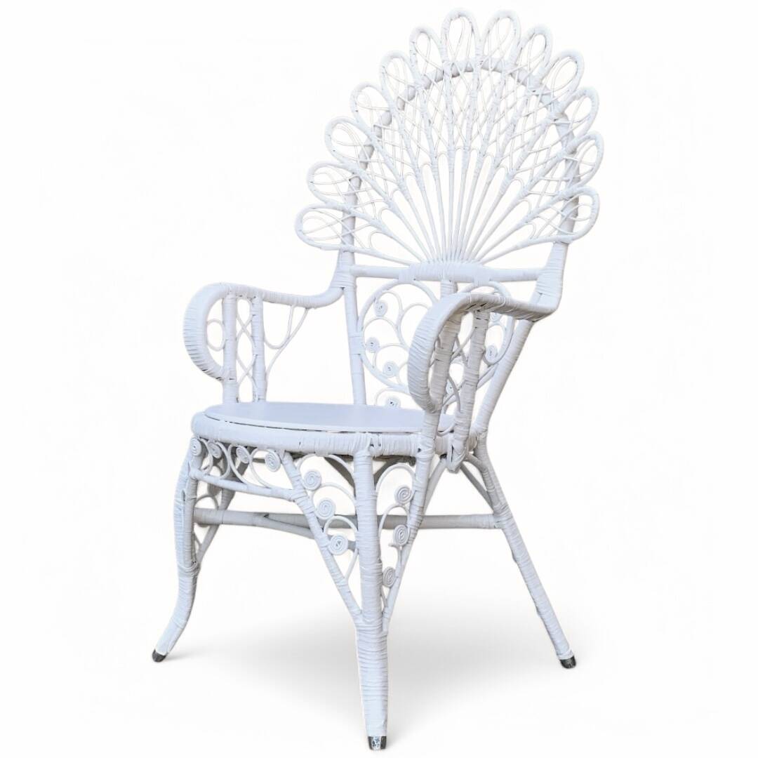 Emmanuelle Peacock white rattan armchair 1970