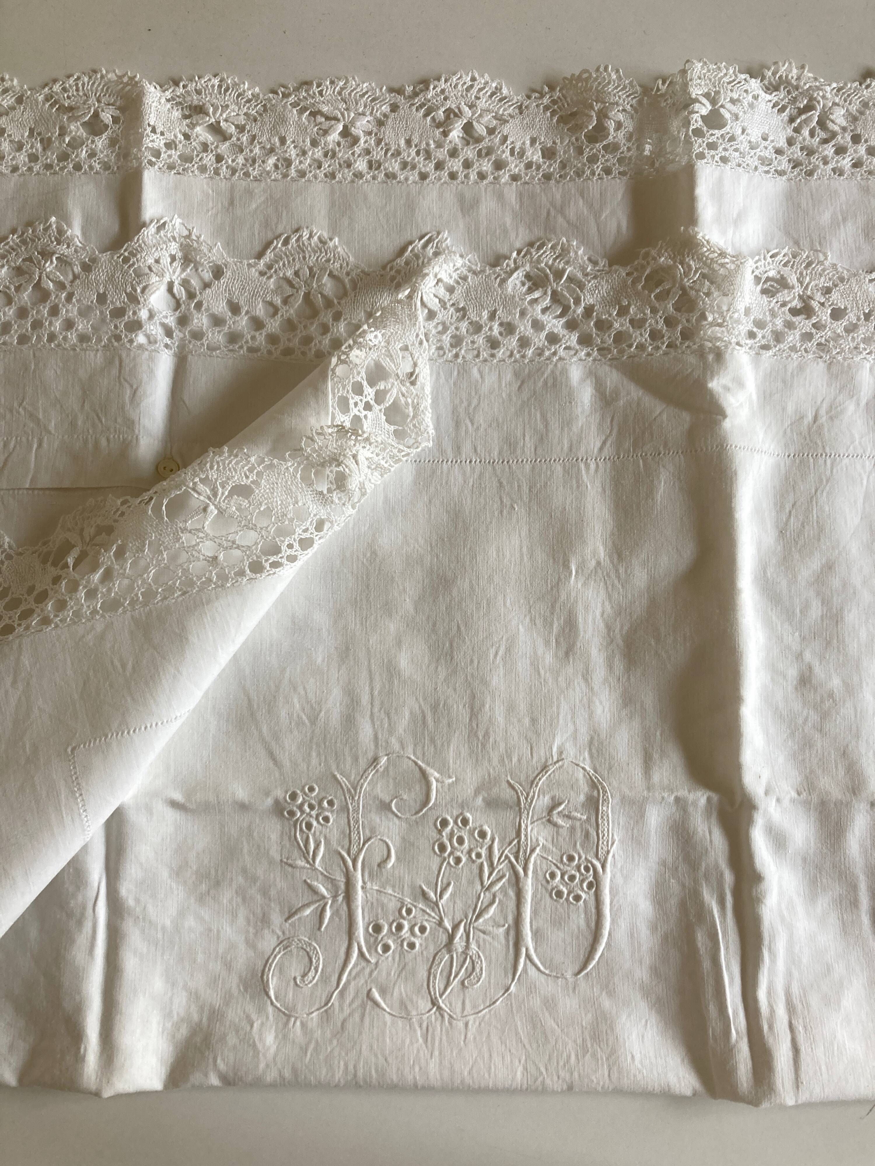 Pair of embroidered 19th linen linen pillowcases