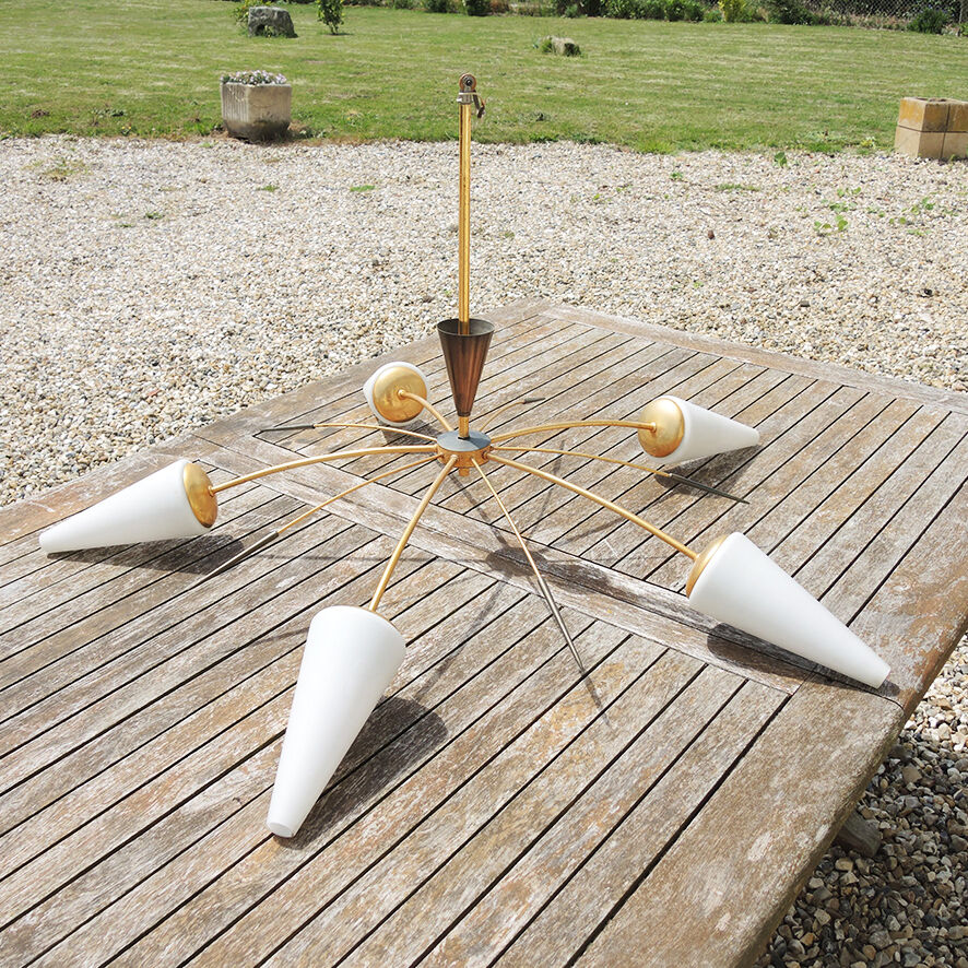 Antique 5-branch chandelier in brass and white glass