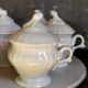 Set of seven covered pots and tray old white slurry nineteenth