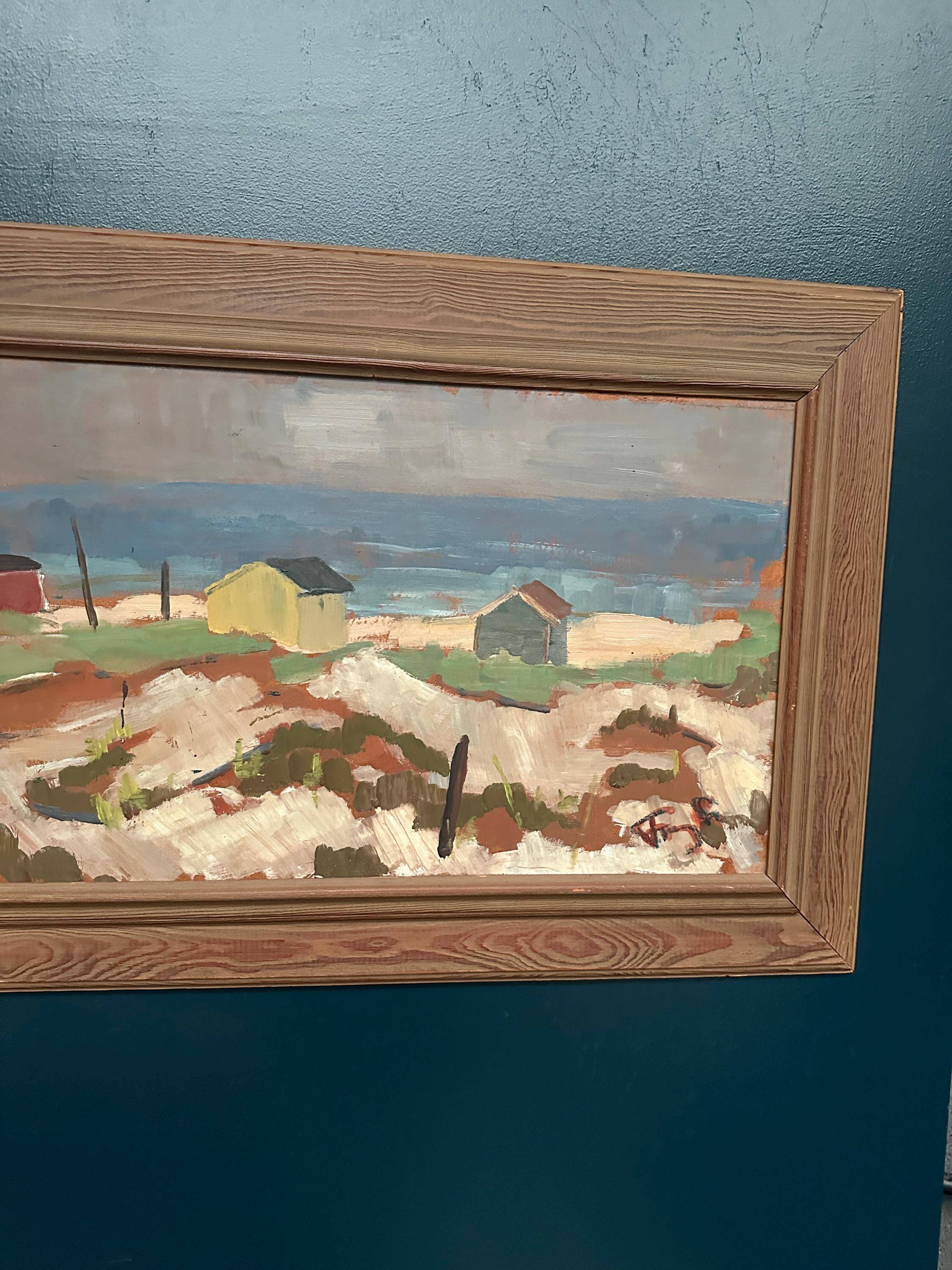 Original Swedish Oil on Panel – “Coastal Village” by Frans Lundberg Vintage