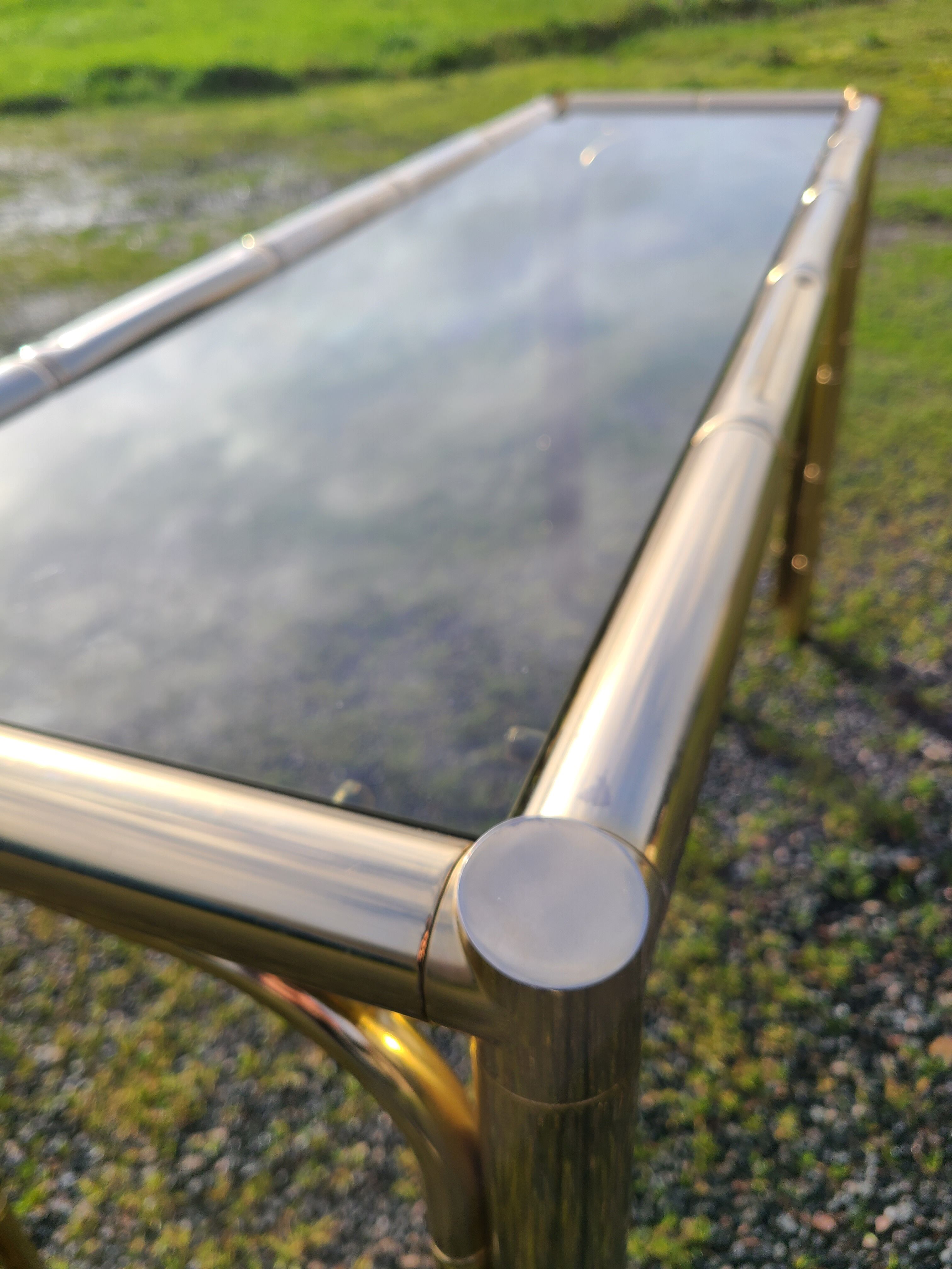 Gold console and vintage smoked glass, imitation bamboo 1970