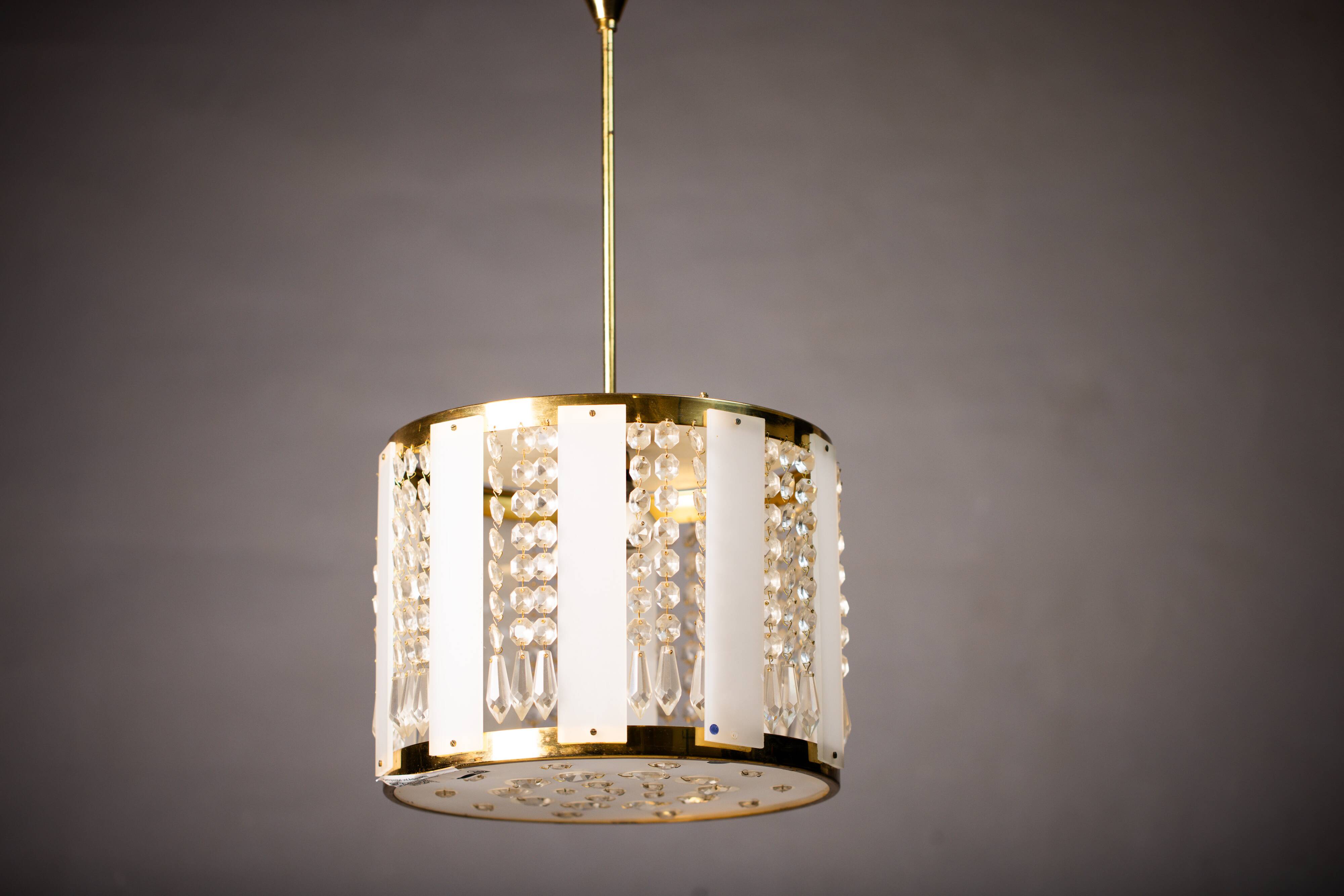 Vintage Crystal Chandelier: 1970s Czech Brass Glass Pendant Light