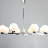 Vintage minimal chrome & opaline 8-arm chandelier, 70s