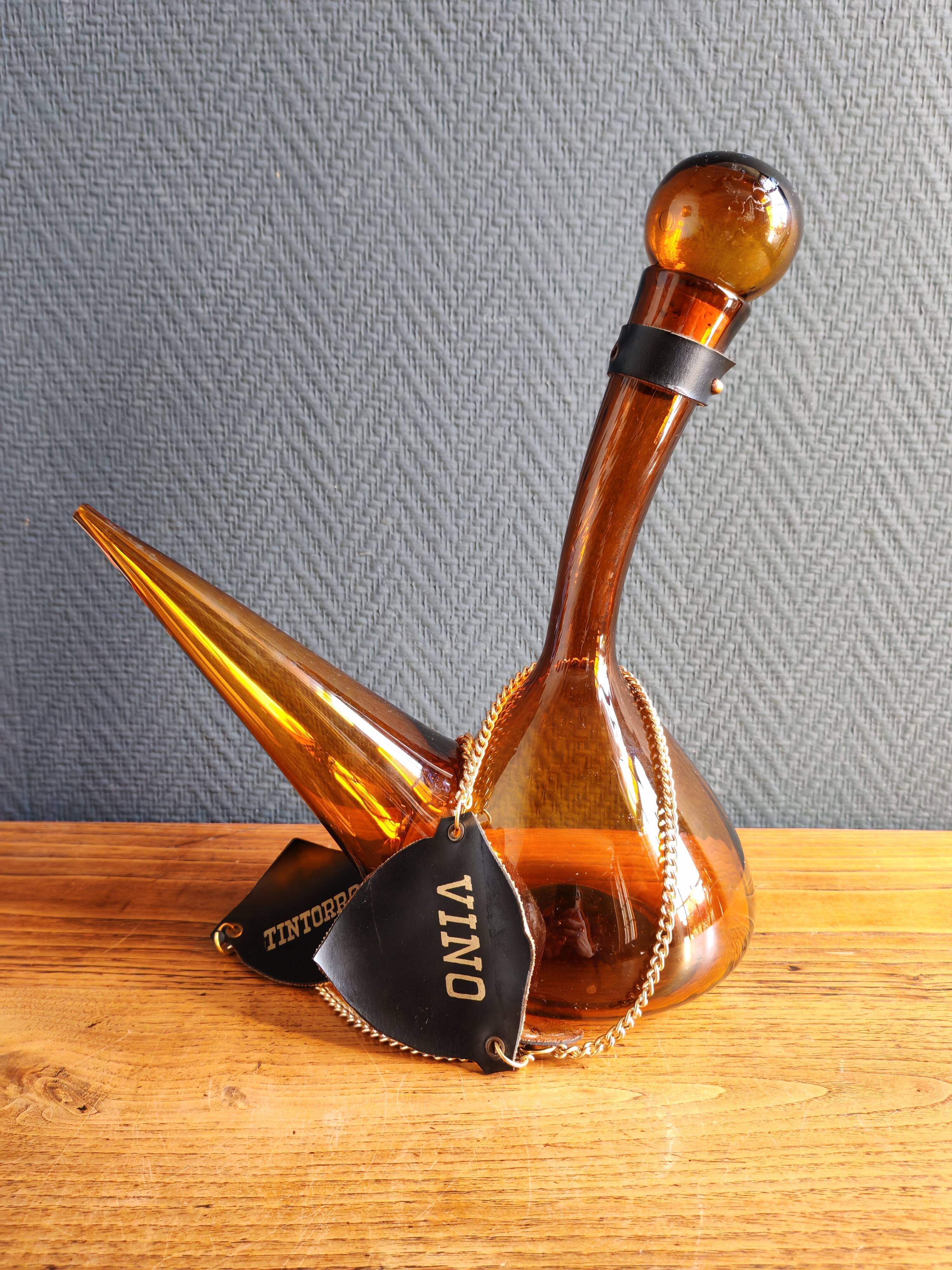 Vintage Amber Glass Wine Carafe - Artisan Decanter in Porron Style
