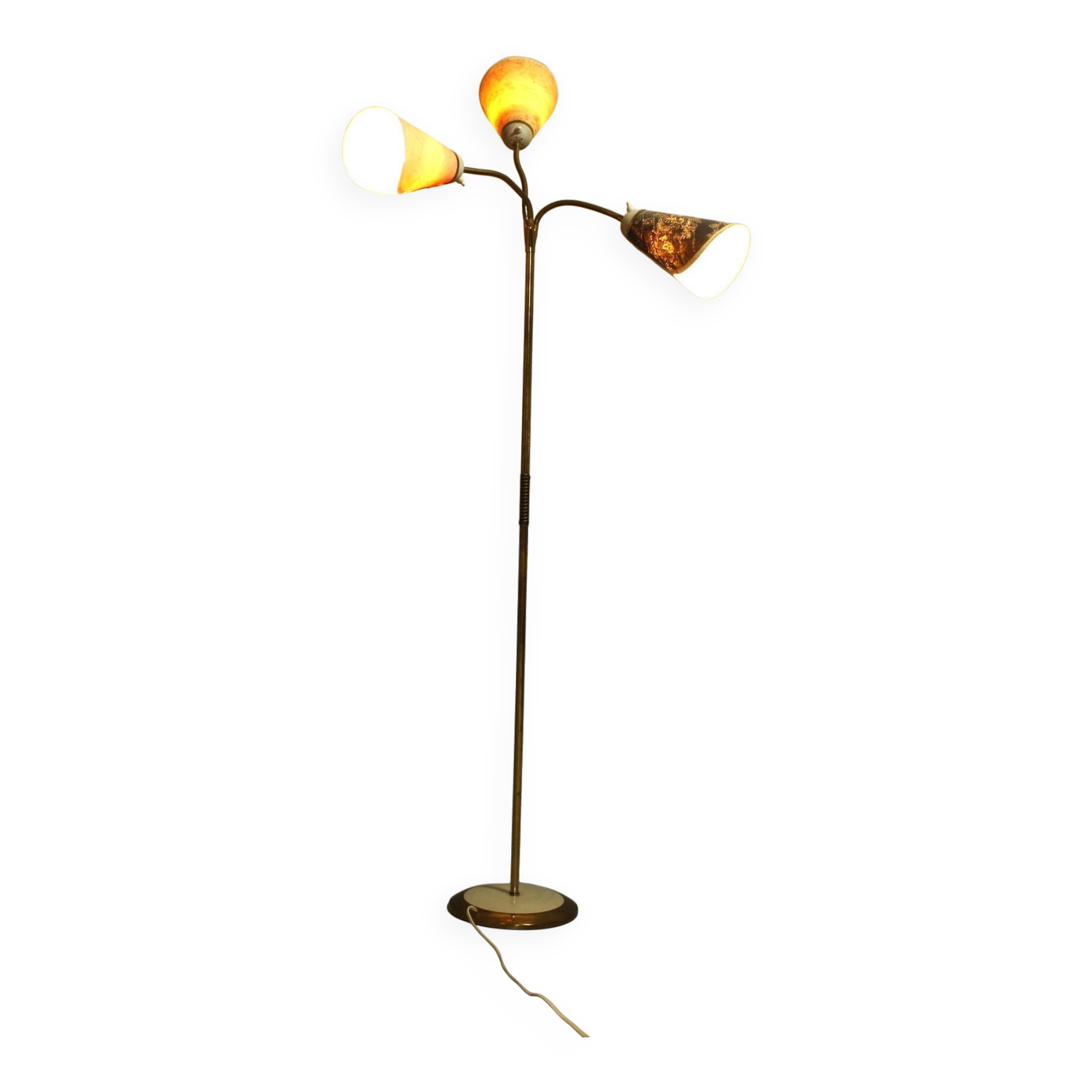 Lampadaire italien à trois lumières en laiton, années 1960