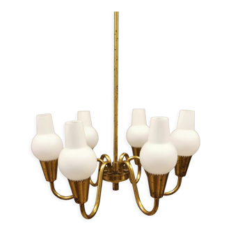 Lyfa/Denmark chandeliers,  solid brass with milky white opaline glass shades