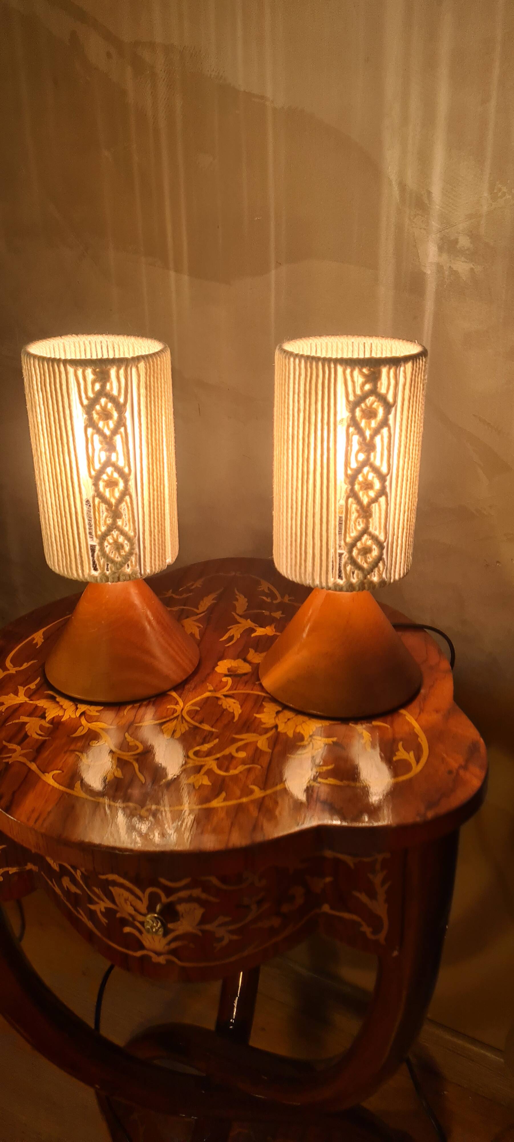 pair of Scandinavian conical wooden lamps with braided cord lampshade 28x12