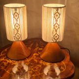 pair of Scandinavian conical wooden lamps with braided cord lampshade 28x12