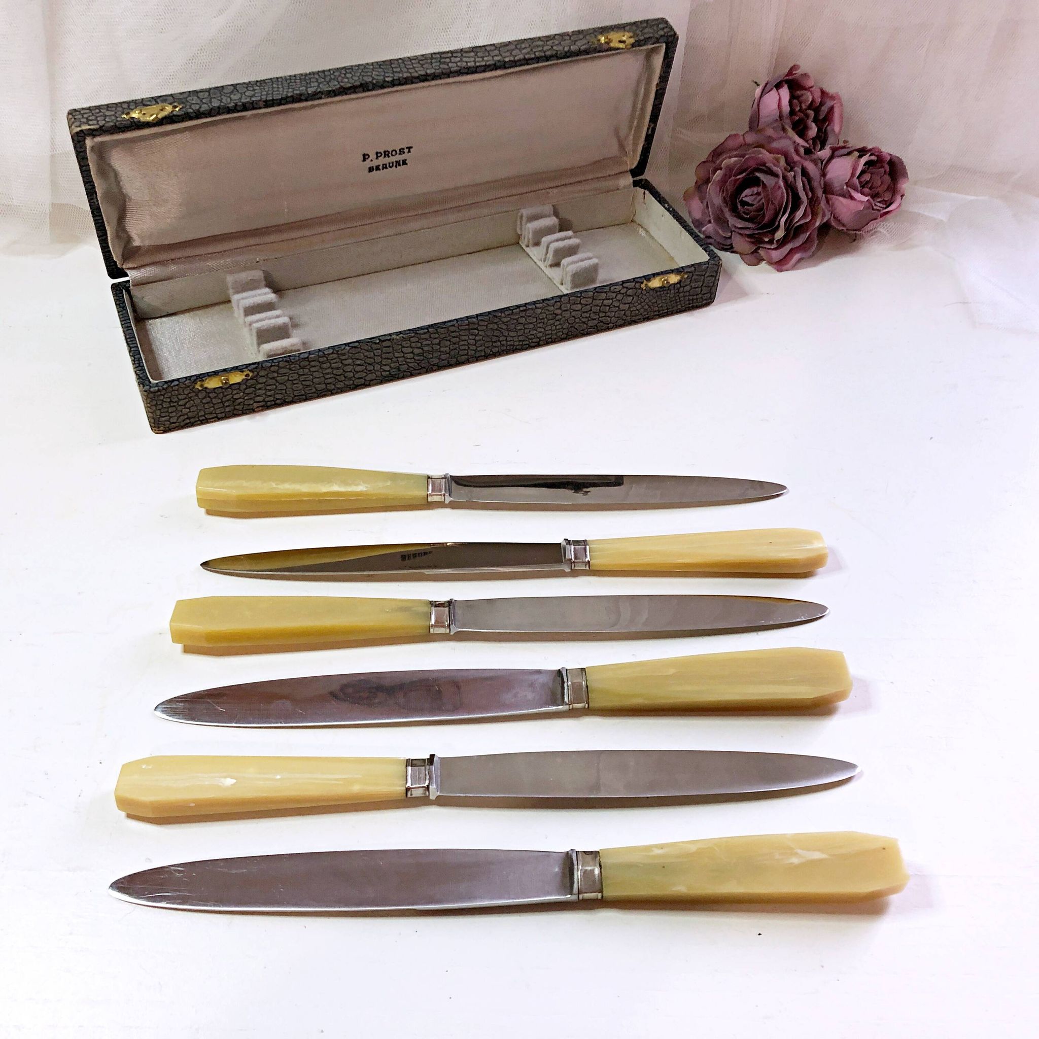 Coffret de 6 couteaux de table manche bakélite France début XXe