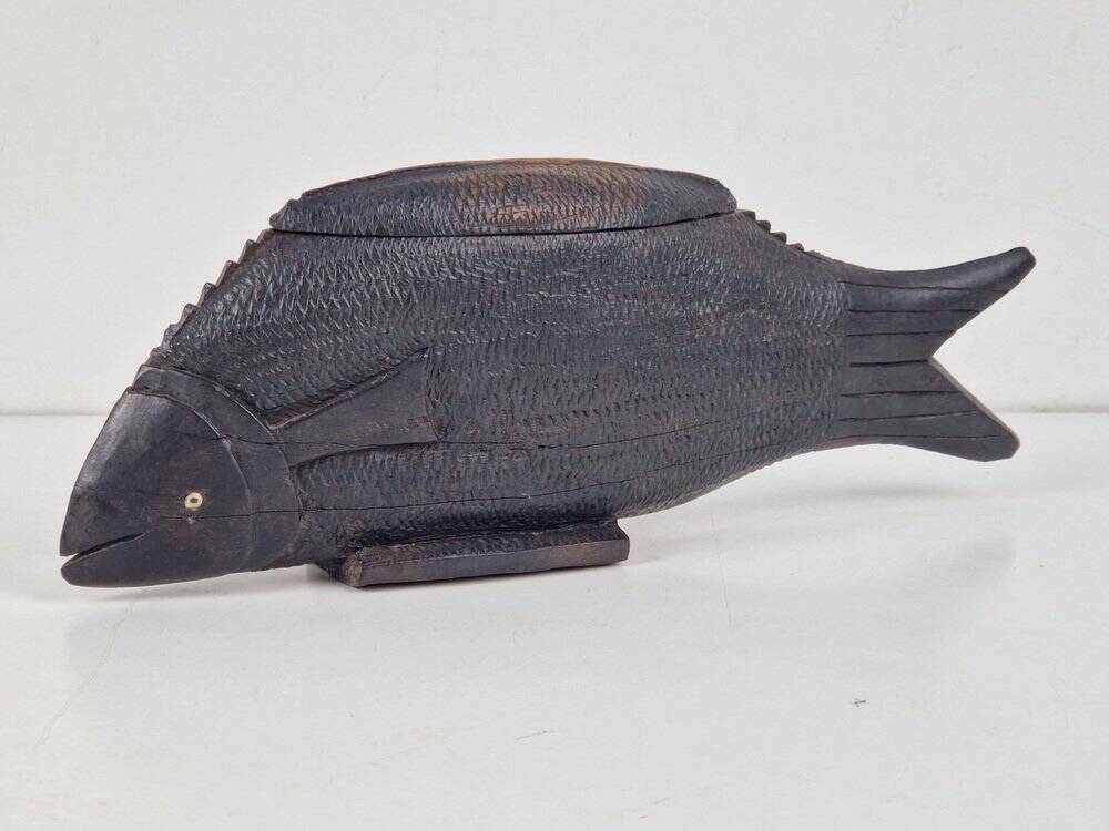 Vintage African Fish Storage Container in Hand-Carved Ebony, 1950s
