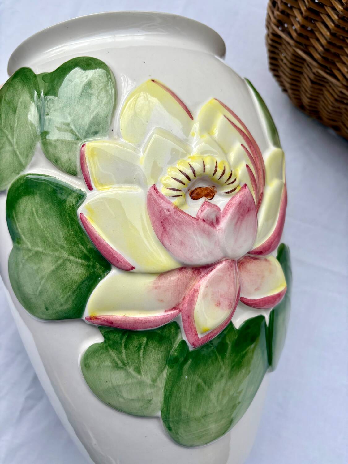 Large lotus or water lily barbotine vase