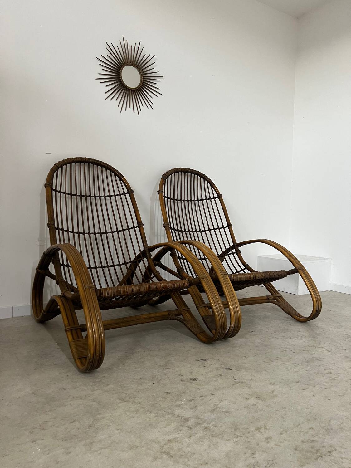 Set of 2 rattan lounge chairs armchairs Italian design from the 60s vintage rattan