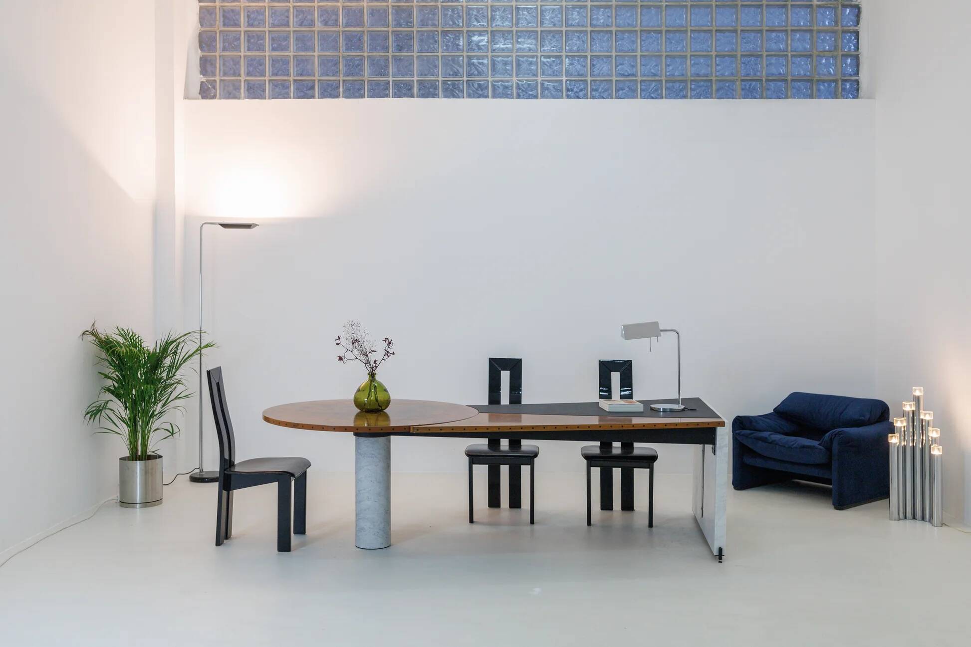 Unique desk Carrara marble & burl wood - Italy, 1980s