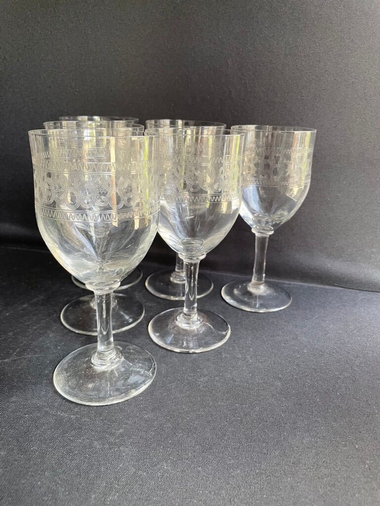 6 Large glasses 1/2 guilloché crystal – Art Nouveau