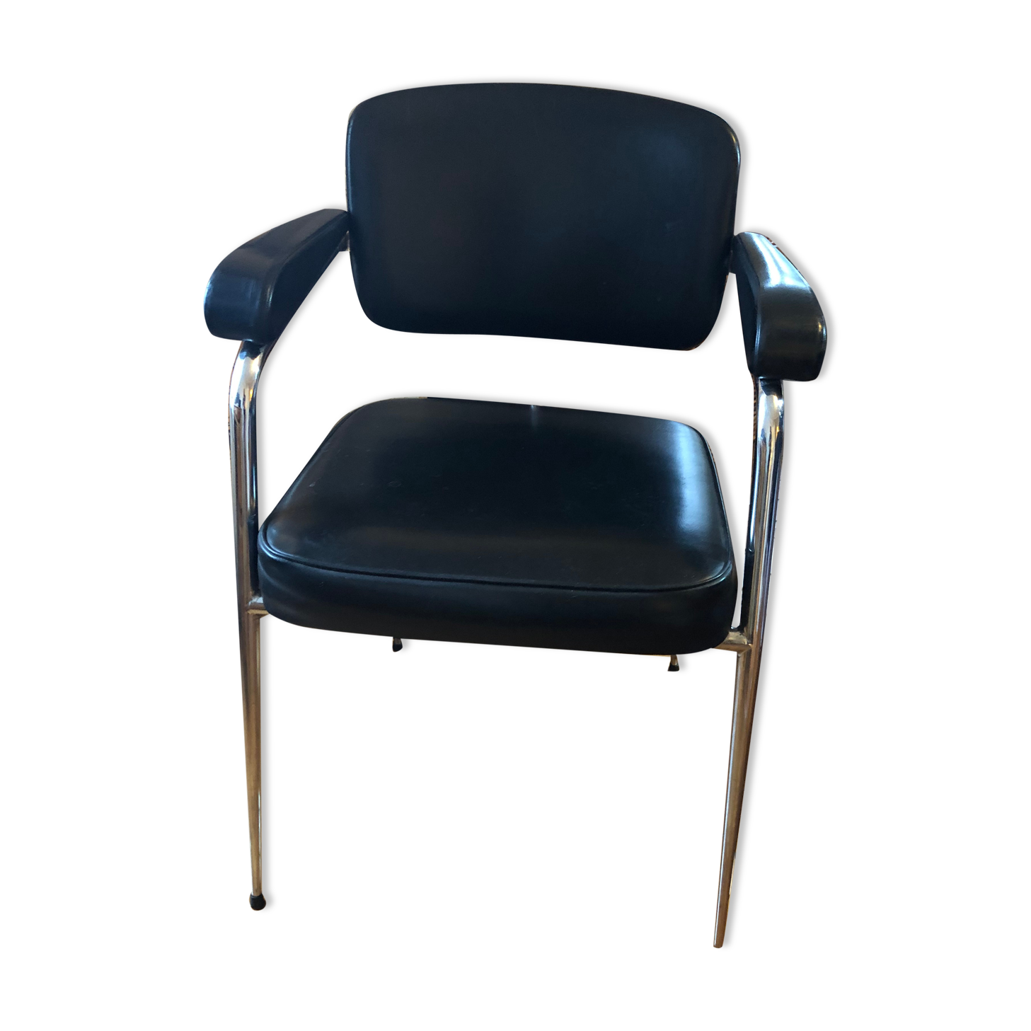 Fauteuil cuir noir et allu design 1960