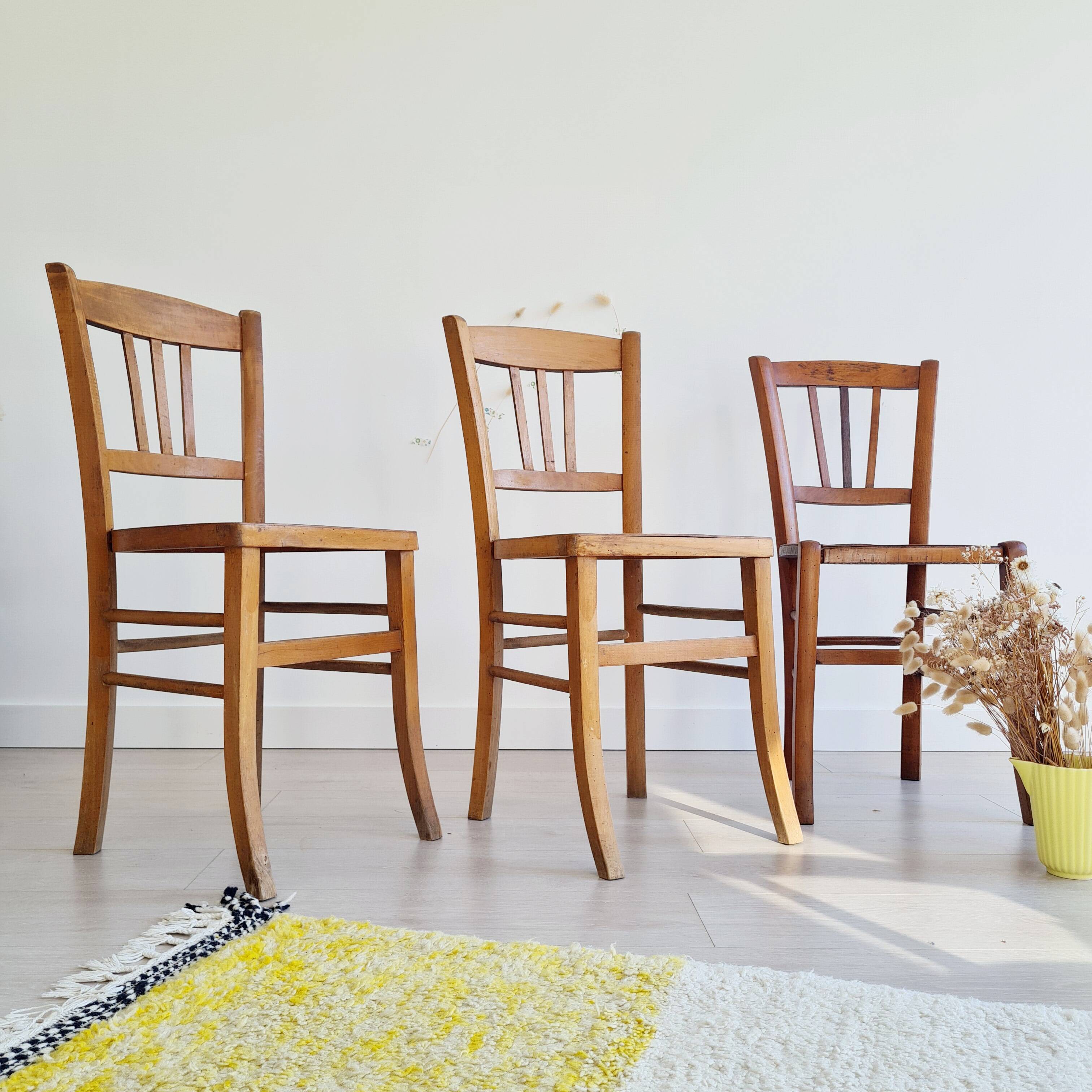 3 old wooden bistro chairs