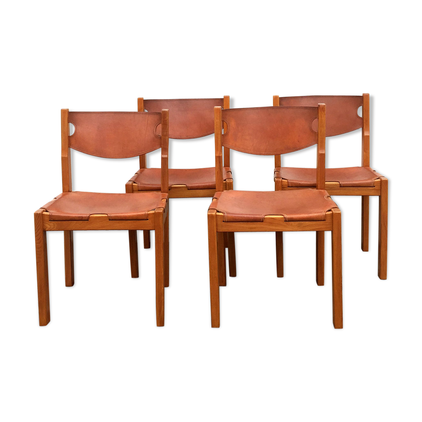 Set de 4 chaises en orme et cuir