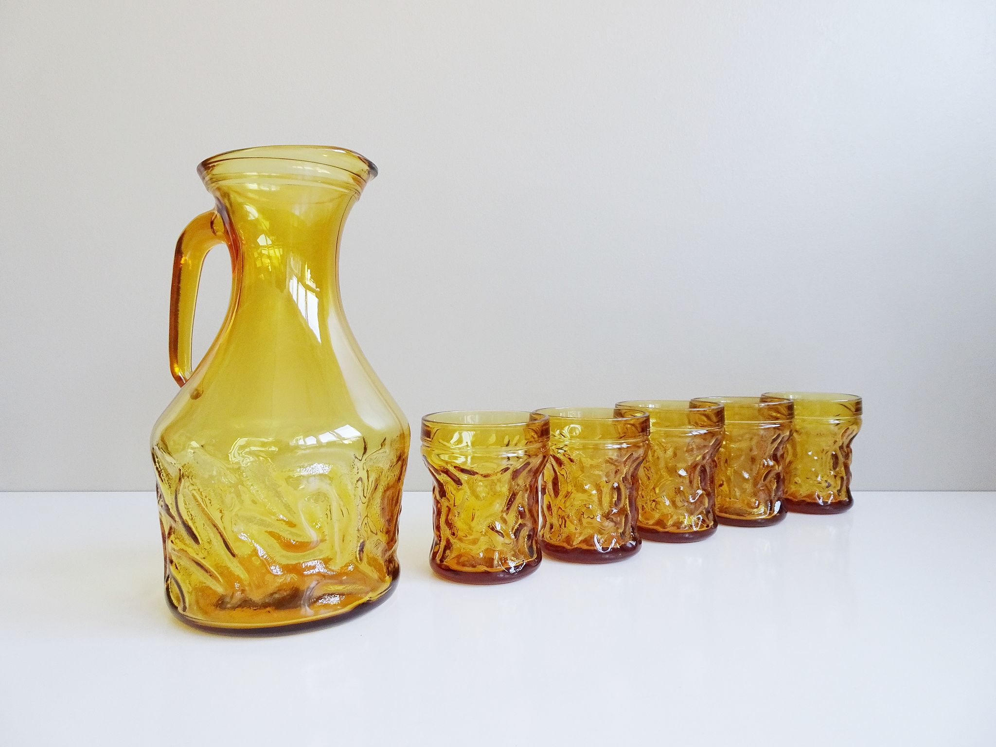 Amber glasses with carafe, italian drinking set 70s