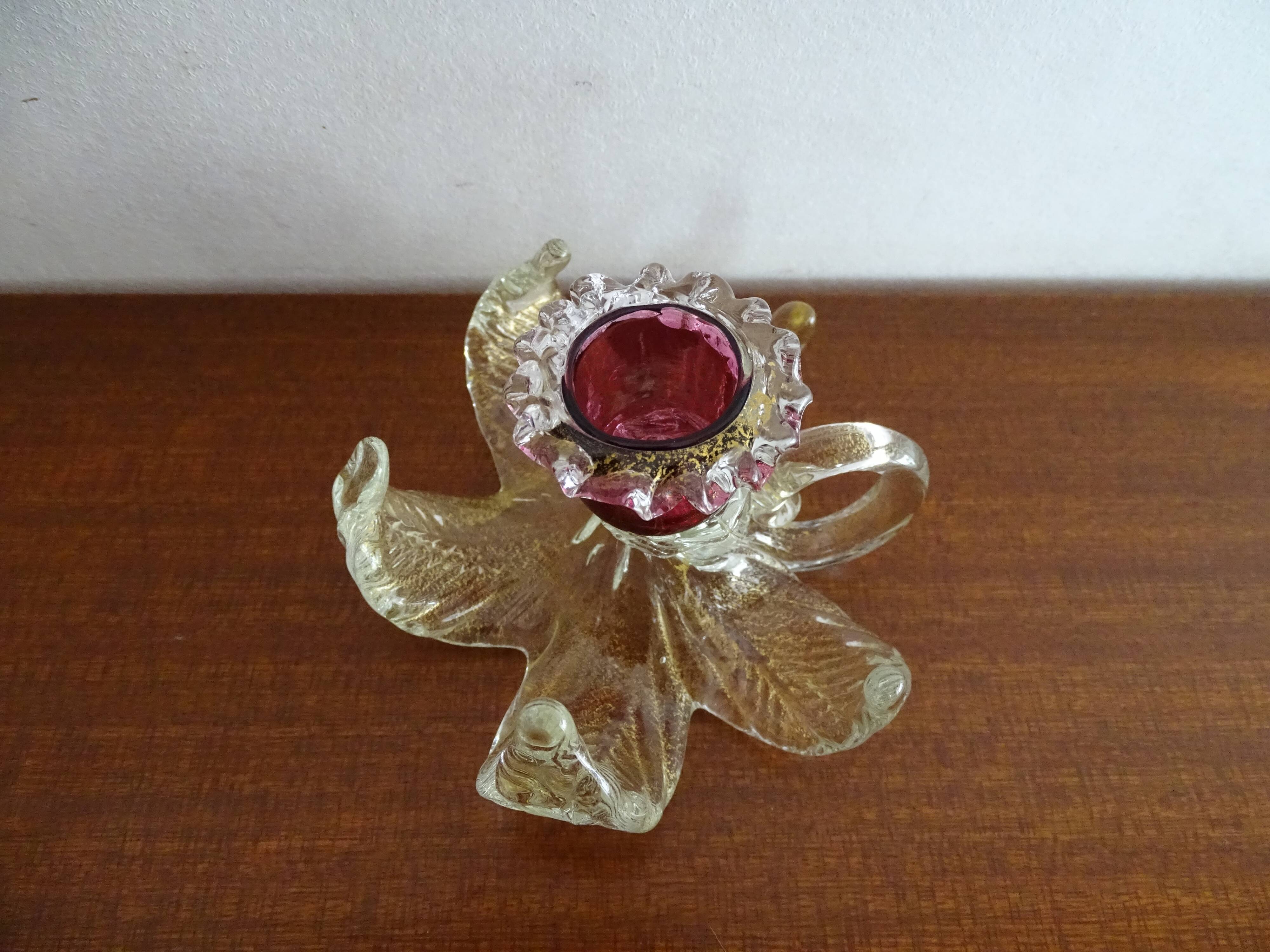 Bougeoir fleur verre  Murano poudre d'or