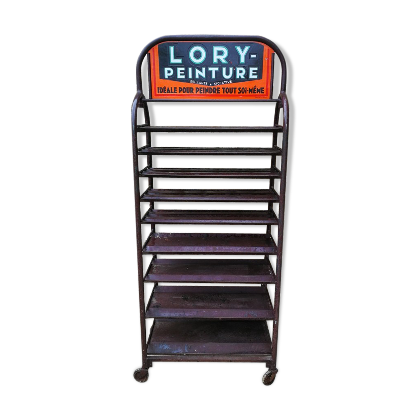 Ancien présentoir de peintures Lory avec plaque émaillée double face