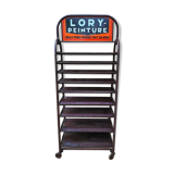 Ancien présentoir de peintures Lory avec plaque émaillée double face