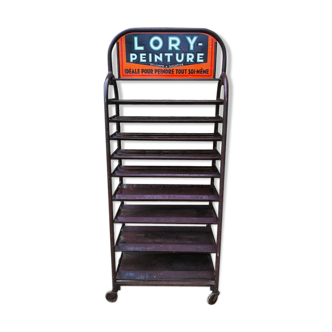 Ancien présentoir de peintures Lory avec plaque émaillée double face